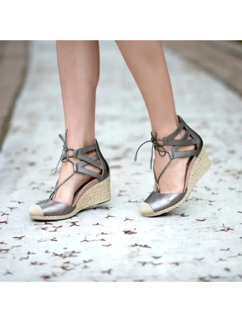 Vionic Metallic Silver Aruba Calypso Espadrille Sandals Jute Wedge Shoes Sz 10